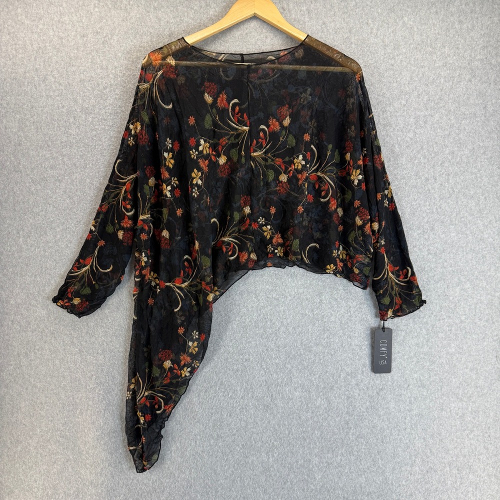Comfy USA Kathy Black Dark Floral‎ Sheer Asymmetric Blouse Top Size Large NWT